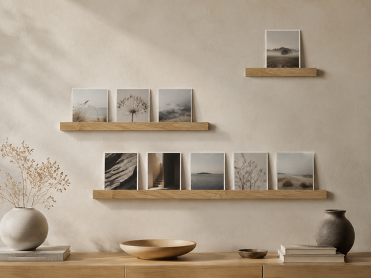 Trois supports en chêne de longueurs différentes installés ensemble sur un mur